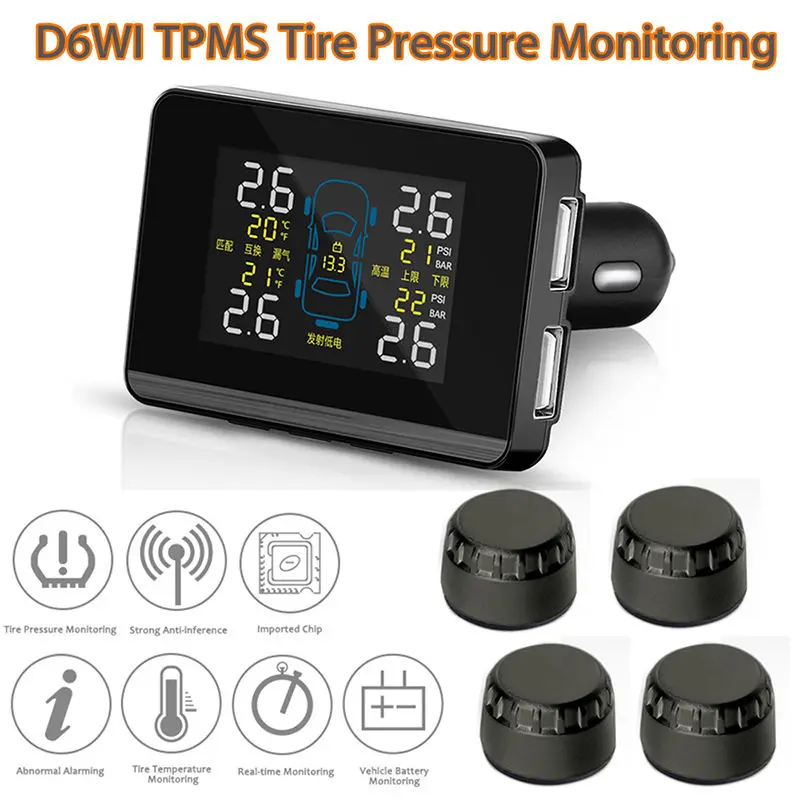 

Universal D6WI Car Wireless Tyre pressure Monitor System +4 External Sensors For Toyota Double USB Port Tire Pressure Alarm