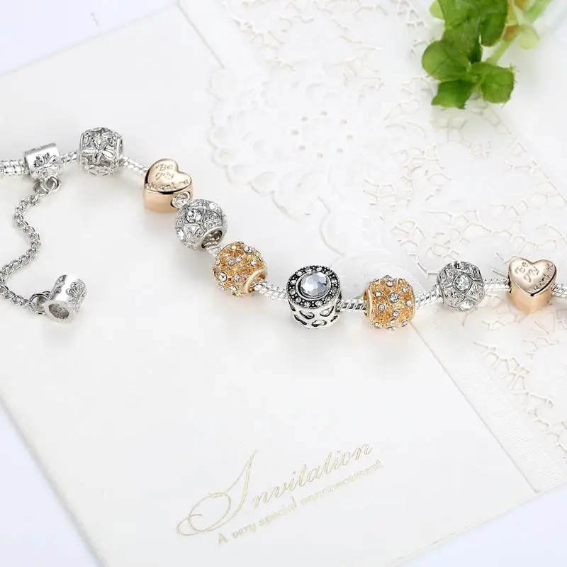 ELESHE European Style Crystal Charms Bracelet For Women With Silver Safety Chain Bracelet Bangle Vintage Jewelry Wedding