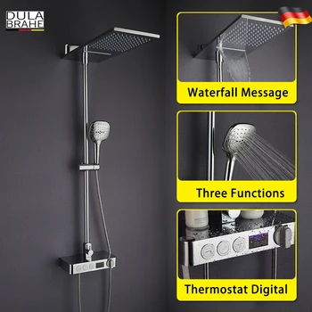 

Bathroom Shower Faucet Set Thermostat Faucet Mixer Tap Chrome Brass Waterfall Bath Shower Head Digital Shower Panel System