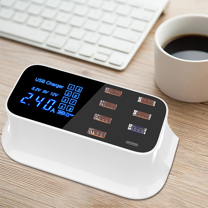 Quick Charge QC3.0 USB Type C Smart Charger Station Led Display Fast Charging 8 port Phone Tablet USB Charger Adapter with EU/US