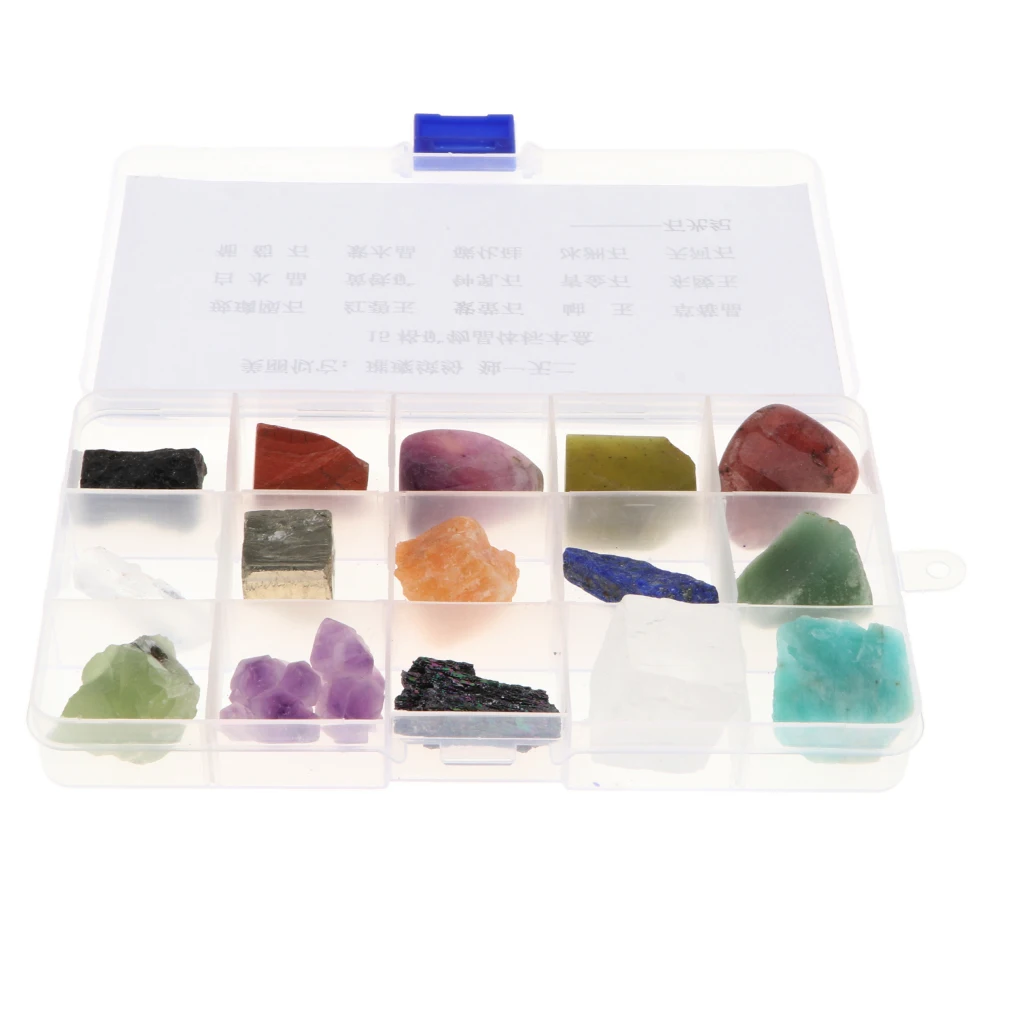 15pcs/ Box Educational Geology Science Kit Rock and Mineral Collection Gemstones Quartz / Jade Tektite Specimens in Display Case