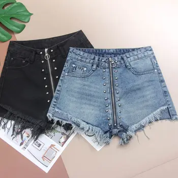 

Wholesale tassel stitching rivet beading wide leg denim shorts female high waist frazzle punk street style hot shorts wq1620