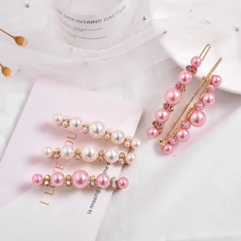 

Korean Sweet Pink White Faux Pearl Hair Clips Women Girls Beaded Rhinestone Bobby Pins Ponytail Decorative Long Strip Barrettes