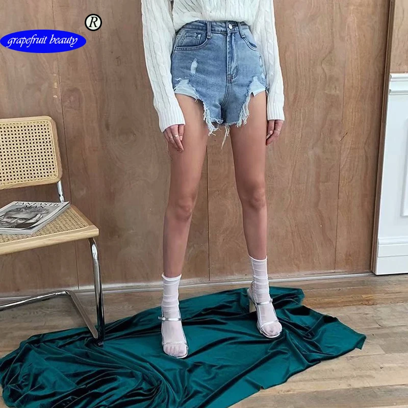 

Grapefruit beauty Official Store High waist 2019 summer hole casual jeans short pants jeans woman loose shorts jeans plus size