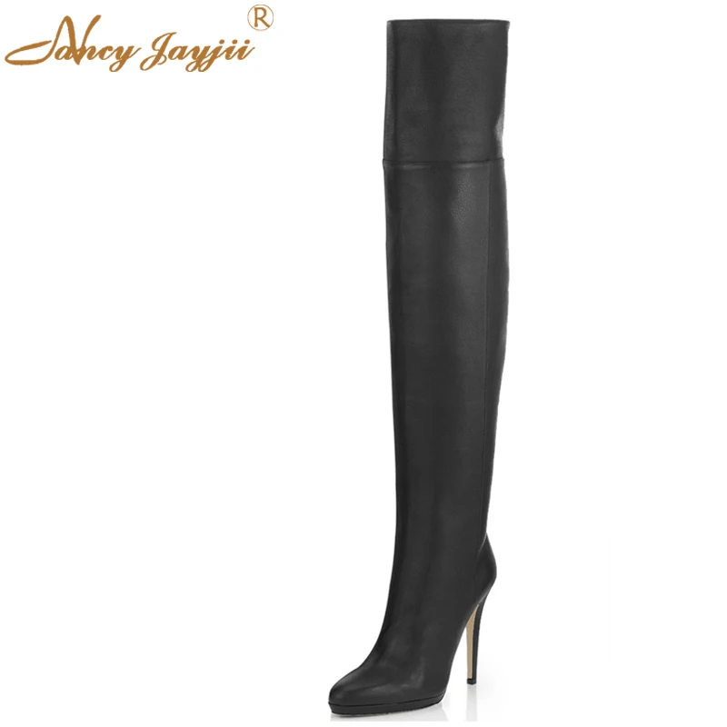 

Genuine Leather Black Long Boots Thigh High Ladies Shoes Woman Super High Soft Casual Winter 2019 Big Size 15 16 4 inch Heels