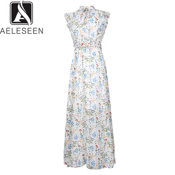 

AELESEEN Boho Long Dress Women 2019 Summer Runway Women's Butterfly Sleeve V-Neck Bow Ruffles Floral Print Maxi Beach Dress