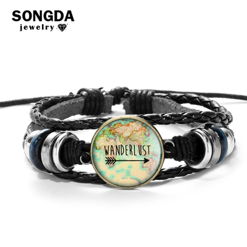 Кожаный браслет SONGDA Earth с картой мира для путешествий Wanderlust стеклянный кабошон