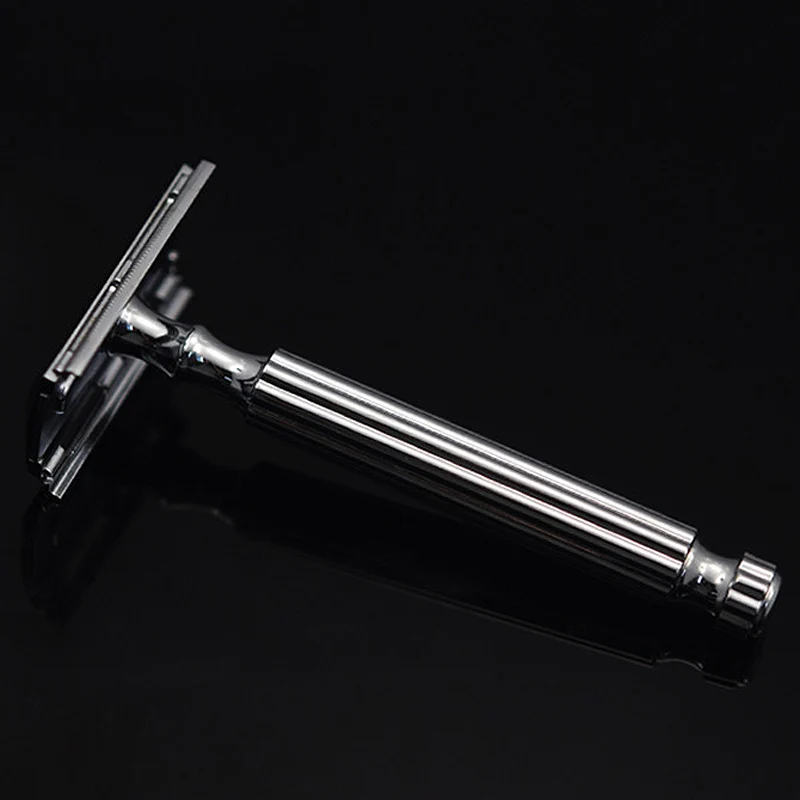 Безопасная бритва с двойными краями, Классическая Безопасная бритва серебряного цвета с длинной ручкой, съемная конструкция для мужского бритья UN272