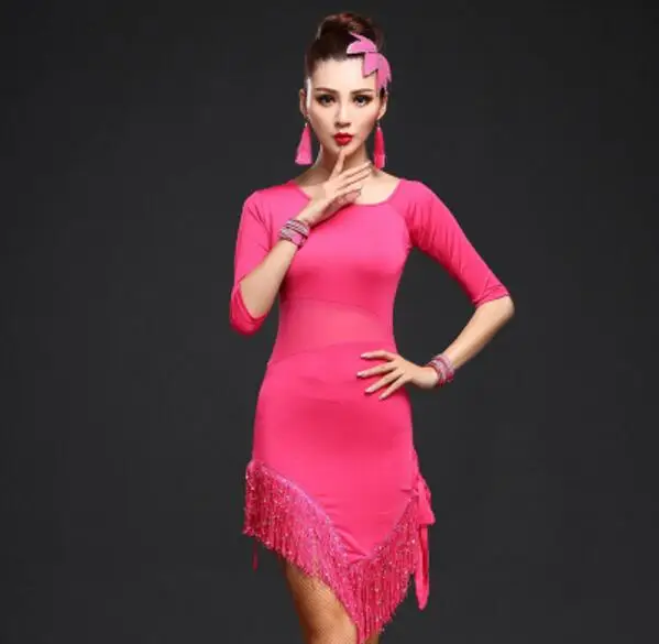 New Brand Black Red Latin Dance Dress Women Smooth Fringe Tango Dress Rumba Skirt Samba Costume Ballroom Latin