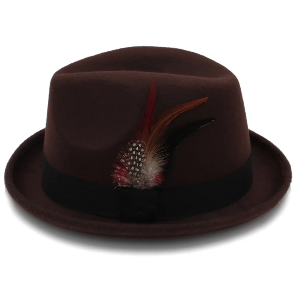 Мужская фетровая шляпа для джентльмена, зима-осень, Шерстяная кепка в церковном стиле, с закатывающимися полями, Хомбург, джаз, шляпа с перьями