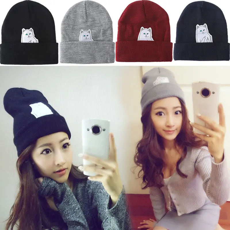 2016 New Winter Cap Knitted Cat Hat Hip Hop Beanies font b Women b font Beanies