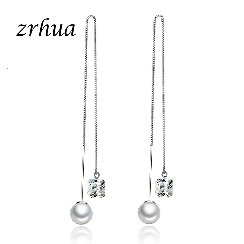 

ZRHUA Elegant Created Simulated Pearl Long Earrings Pearls Statement Square Crystal 925 Stering Silver Earring For Wedding Gifts