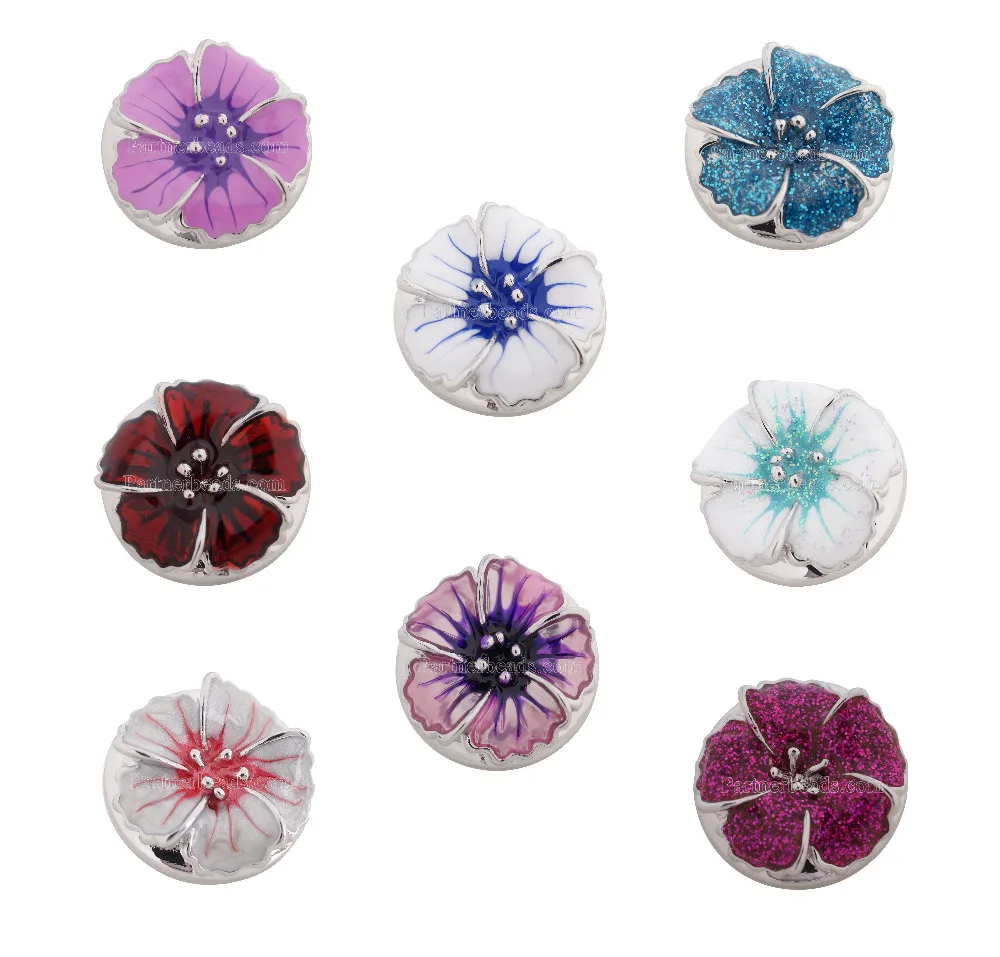 

Hot sale Best 20MM flower snap Silver Plated with cyan Enamel KC8791 Charms snap buckle for woman fit snap bracelets for woman