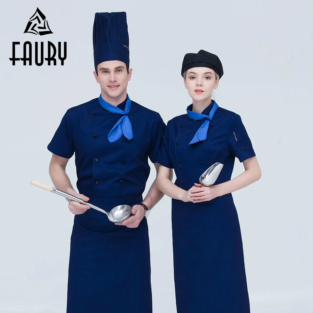 

High Quality Women Men Double Breasted Short Sleeve Pocket Chef Jacket with Tie Restaurant Kitchen Cooking Work Wear Uniforms