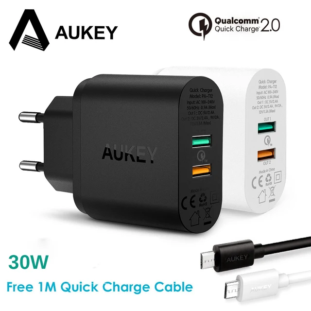 AUKEY 2 порты Быстрый зарядное устройство QC 2,0 USB интеллектуальное Сетевое зарядное устройство Адаптивная ЕС вилка универсальная путешествия Быстрая зарядка с Micro кабель