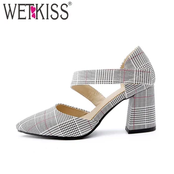 

WETKISS High Heels Women Pumps Pointed Toe Plaid Hook Hoof Heels Footwear 2018 Brand Handmade Spring Fashion New Female Shoes