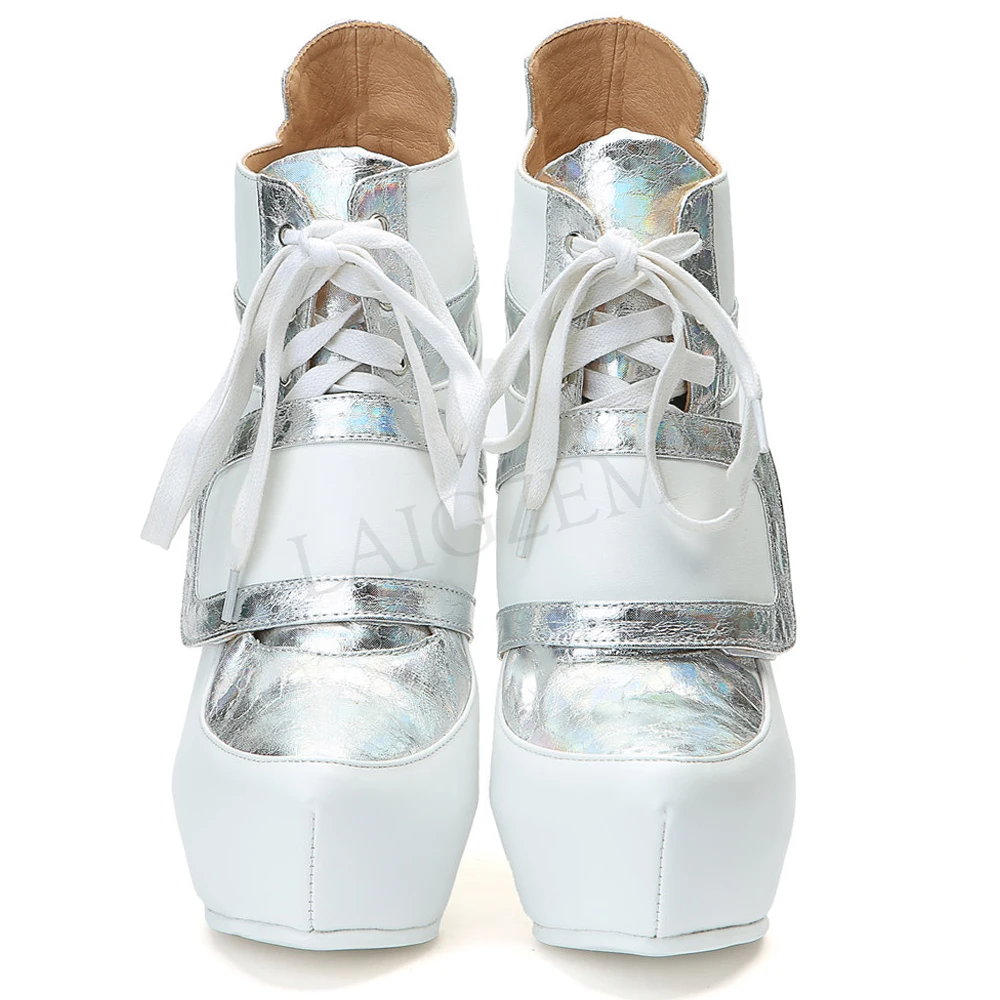 LAIGZEM/ г. Ботинки на платформе удобные ботильоны на шпильке со шнуровкой Женская обувь Botines Mujer, большие размеры 34-52