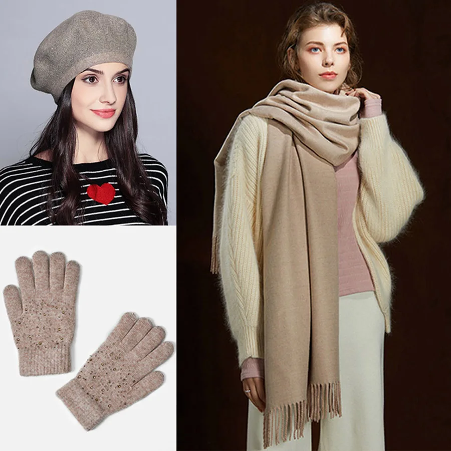 3 Pieces Hot Sale Scarf And Hats For Female And Gloves For Winter Woman Fashion Accessory