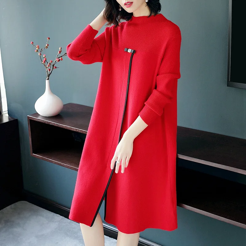

Women Knitted Dress 2017 Autumn Winter New Fashion Brief Patchwork O-Neck Long Sleeve Loose Wool Sweater Dresses Midi