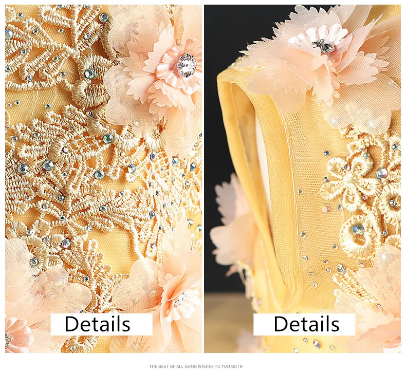 Vestido para o Casamento de Ouro Vestido de Primeira Vestido de Festa Vestido de Baile Elegante Longo Arrastando Flor Meninas Floral Tutu Crianças Pageant Comunhão 12 High Quality Mamãe e Bebê