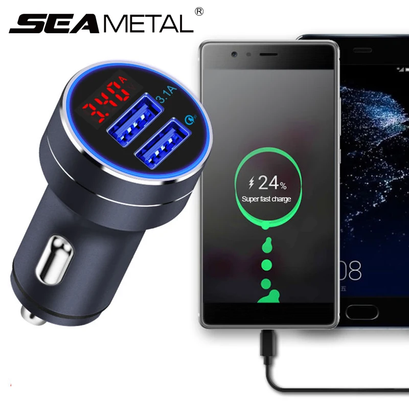 

12V 24V Cigarette Lighter Car Charger QC3.0 2USB 3.1A Car Current Voltage Monitor Metal Cigarette Lighter Splitter Car Charger