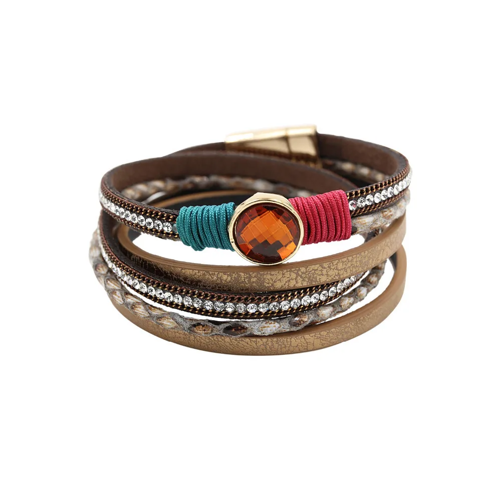 Fancy Women Vintage Three Rows Crystal Clasp PU Leather