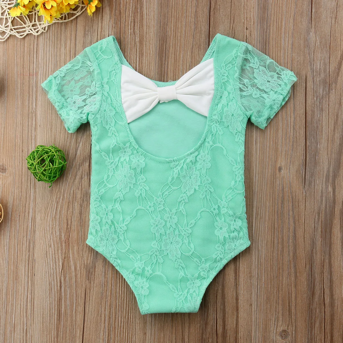 Green Back Bow Lace Bodysuits Newborn Baby Girls Lace Floral Bodysuit