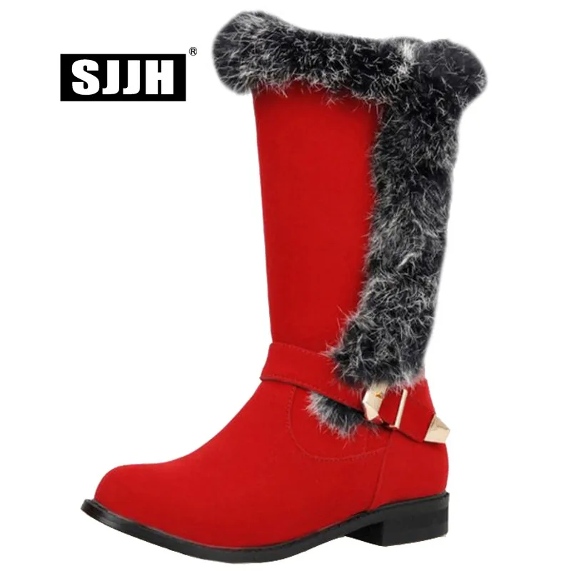 

SJJH Women Flock Flat Snow Boots with Round Toe Faux Fur Slip-on Mid-Calf Boots Winter Fashion Casual Cute Shoes Large Size A972