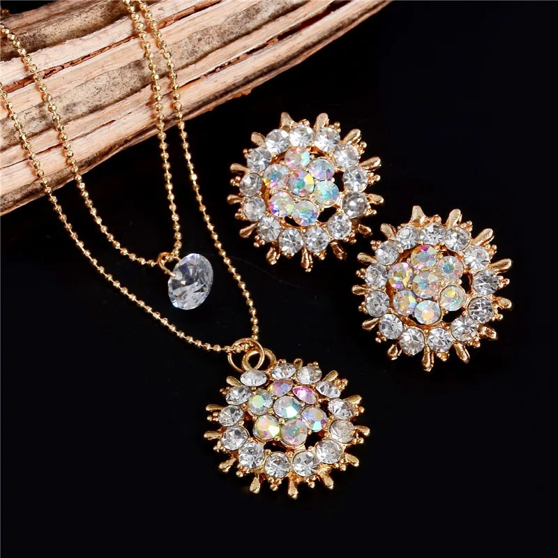 

ZOSHI Fashion Crystal Jewelry Sets Women Round Flower Multilayer Gold Chain Necklace Stud Earrings Ladies Wedding Jewelry Set