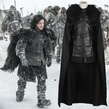 

Jon Snow Cosplay Costume Black Faux Leather Top Pant Cloak Glove Foot Straps Set Man Halloween Cos PU Top Belt Cotton Shorts Set