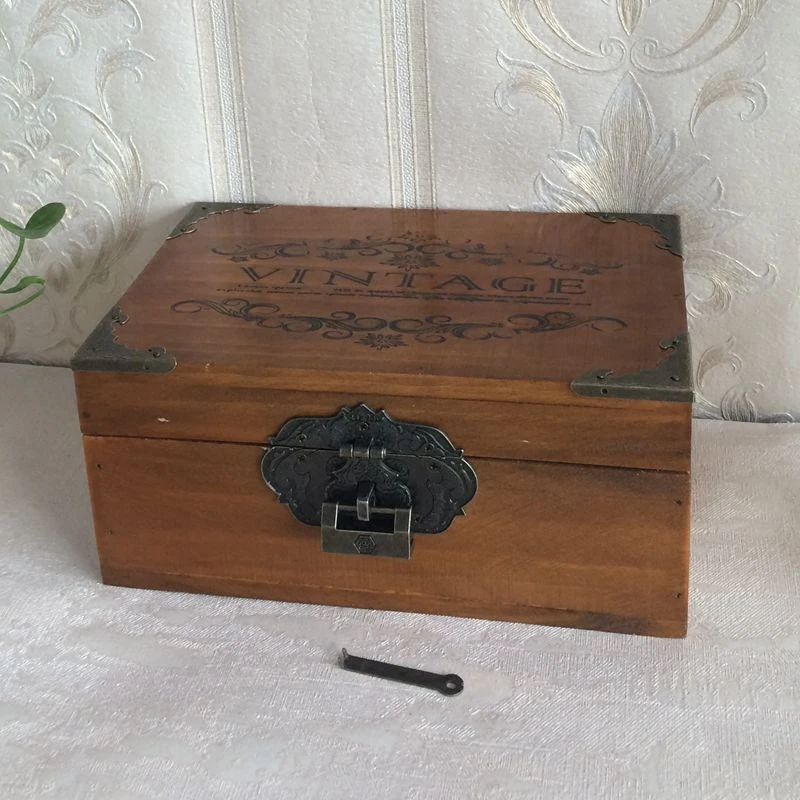 

Certificate Storage Box Solid Wood Lock Finishing Box Small Retro Wooden Box Storage Accessories Home Decoration