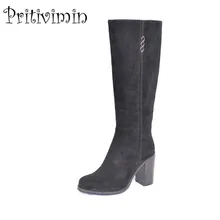 Женские зимние помпон из натурального меха Обувь с полосами женские сапоги до колена на очень высоком каблуке Женская замшевая кожаная обувь PritiviminFN63