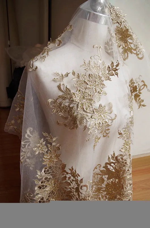 

1 yard gold lace embroidered lace with 3D flower, metiallic gold lace fabric with gold rhinestone beads