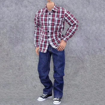 

1/6 Clothing Male Men's 1:6 ZY TOYS Youth RED white Blue White Checker Box Shirt&Jeans Set For 12" Action Figure Doll Body