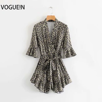 

VOGUEIN New Womens Summer Leopard Print V-Neck Belt Flare Sleeve Jumpsuit Playsuit Wholesale