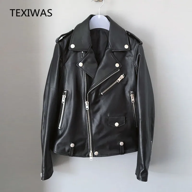 Texiwas Peau Biker Cuir Réel Court Véritable Printemps En Veste Femelle Bomber Manteau Mode Femmes De Survêtement Mouton Noir FSrwFqz