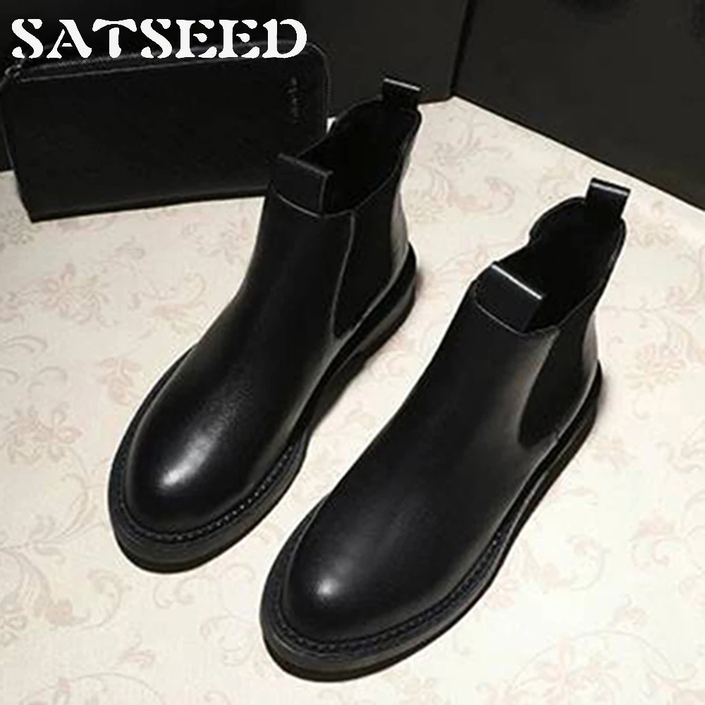 

Shoes 2018 Chelsea Boots Ankle Leather Shoes for Women All-match Autumn Winter Women Shoes Low Heel Women Boots Black Fashion