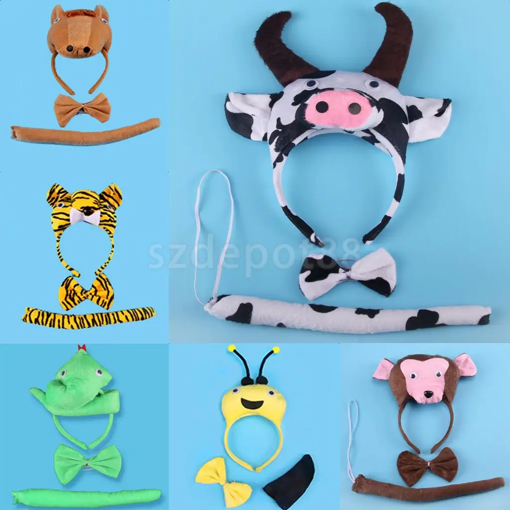 Set of 3pcs Birthday Girls Boys Kids Cartoon Bear Bee Monkey Costume Set Headband Bowtie Tail Fancy Dress Party Accessories