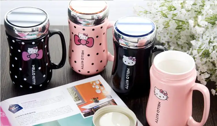 LM1142 керамические бутылки для воды с рисунком hello kitty, для девушек, 430 мл, кружка-чайник с чашкой, коврик, ложка, крышка, можно использовать как зеркало