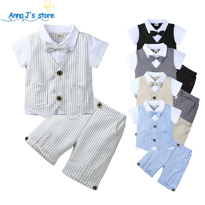 Baby Boy Gentleman Clothes Set Summer Suit For Toddler Striped Shirt with Bow Tie+ Short pants Formal Boys set TZ670 |