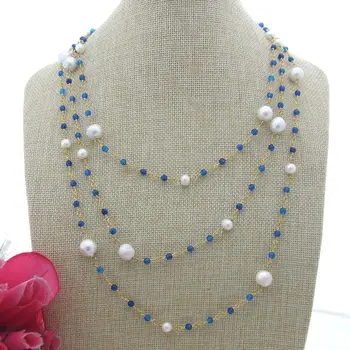 

N100603 70" White Round Keshi Pearl Blue Faceted Necklace