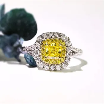 

S925 Sterling Silver Rings For Women Luxury Fine Jewelry Cubic Zirconia Princess Square Yellow Stone Ring Bijoux Femme