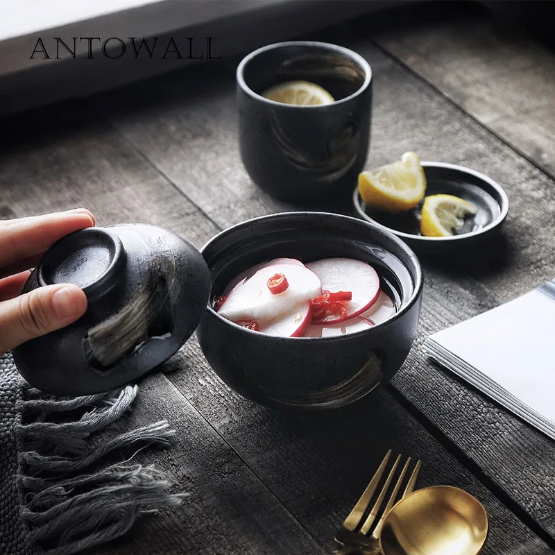 

ANTOWALL Japanese style ceramic retro hand-painted bowl stewed bird's nest dessert steamed egg stew soup bowl with lid tureen