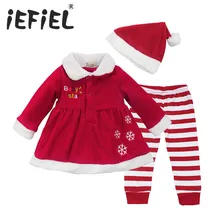 Новинка года; платье Санта-Клауса для маленьких девочек; рождественское платье со снежинками и длинными рукавами; топы штаны в полоску; комплект шляп; костюм Санта-Клауса; одежда