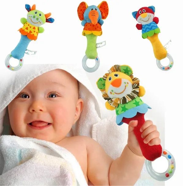 

2015 Hot 4 designs Soft toys Animal Model Handbells Rattles baby Rattle Cute Gift Baby Educational toy Age for 3M+