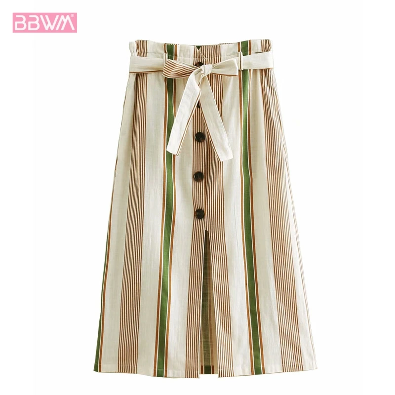 

New women's skirt color matching vertical stripes country style skirt buckled long skirt 2019 summer Harajuku style Elegant