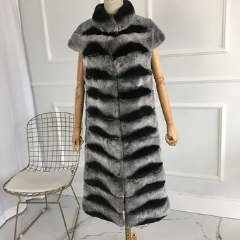 Billig Natur Chinchilla Rex Kaninchen Furs Fashion Winter Dame X-lange Rex Kaninchen Weste Warm FĂŒr Winter Mit Stehkragen