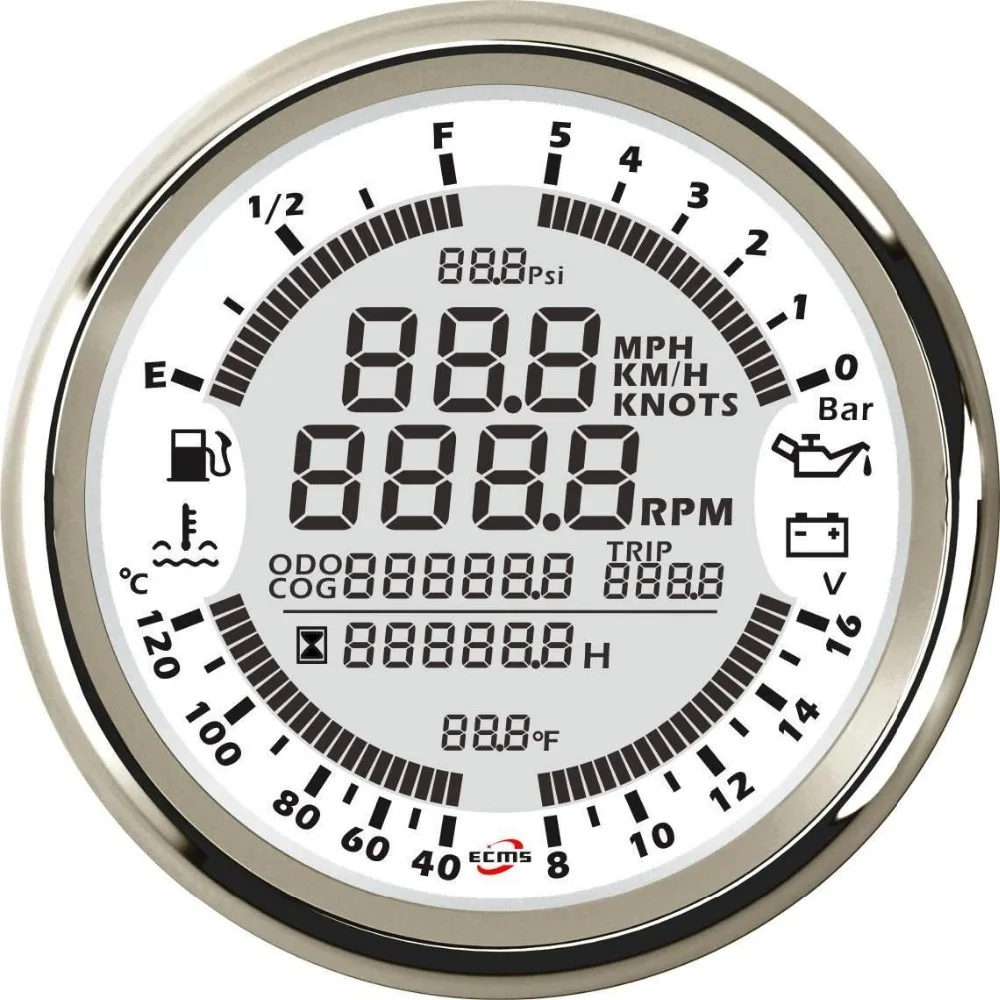 

Marine Boat Digital GPS Speedometer Tachometer 6in1 MultiFunction Gauge 8-16V 10Bar 85mm 7 Colors 316L Bezel