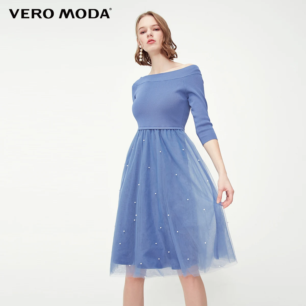 Vero Moda женские новые трикотажные сплайсинга бисером платье | 319146520 - Цвет: Bijou blue