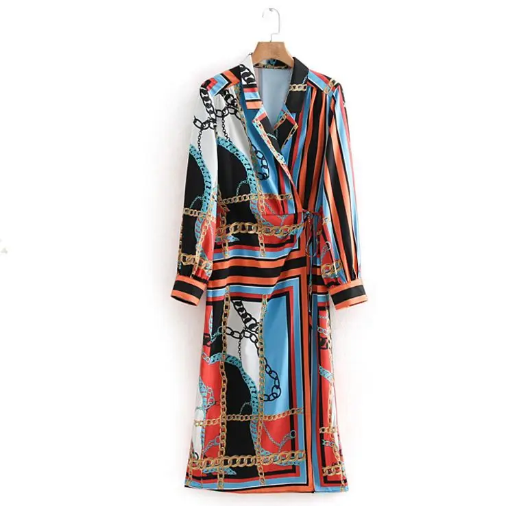 

HCBLESS 2019 spring new women Chain Print Long Sleeve Lace Dress fashion dress